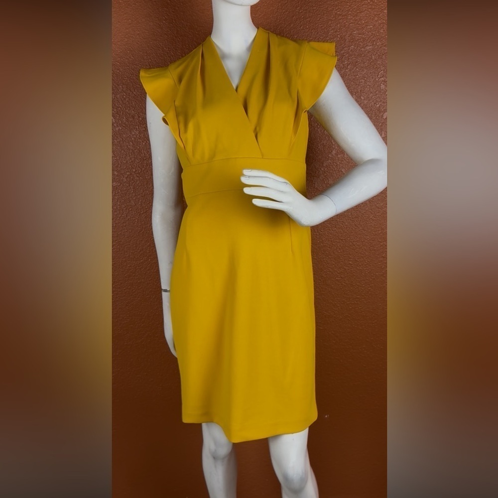 Dkny Yellow Sheath Midi Dress V-neck Cocktail Size 10P. B28